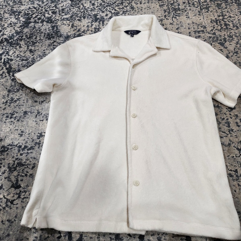 Ben Sherman Mens Small Cream Terry Cloth Shrt Sleeve Camp Collar Button Up Shirt